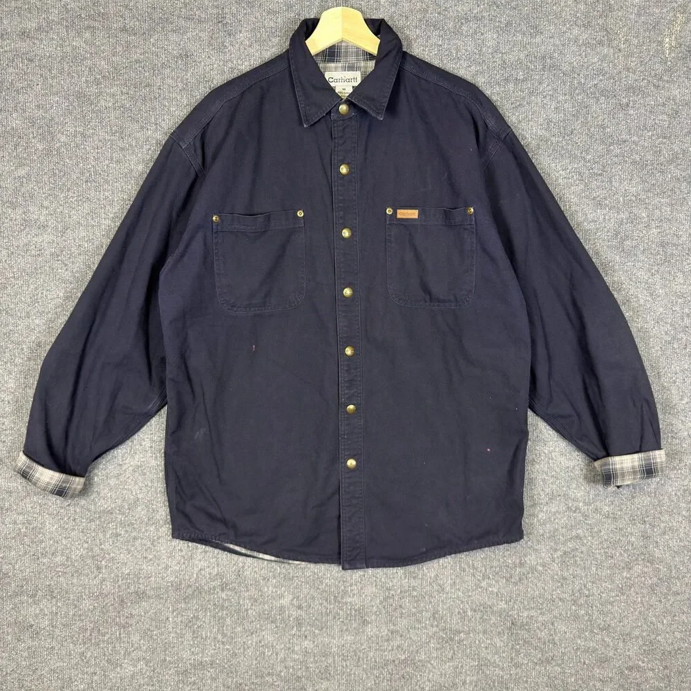 Carhartt Shirt Jacket Men's M Blue Canvas Flannel Lined Snap Front Utility Chore